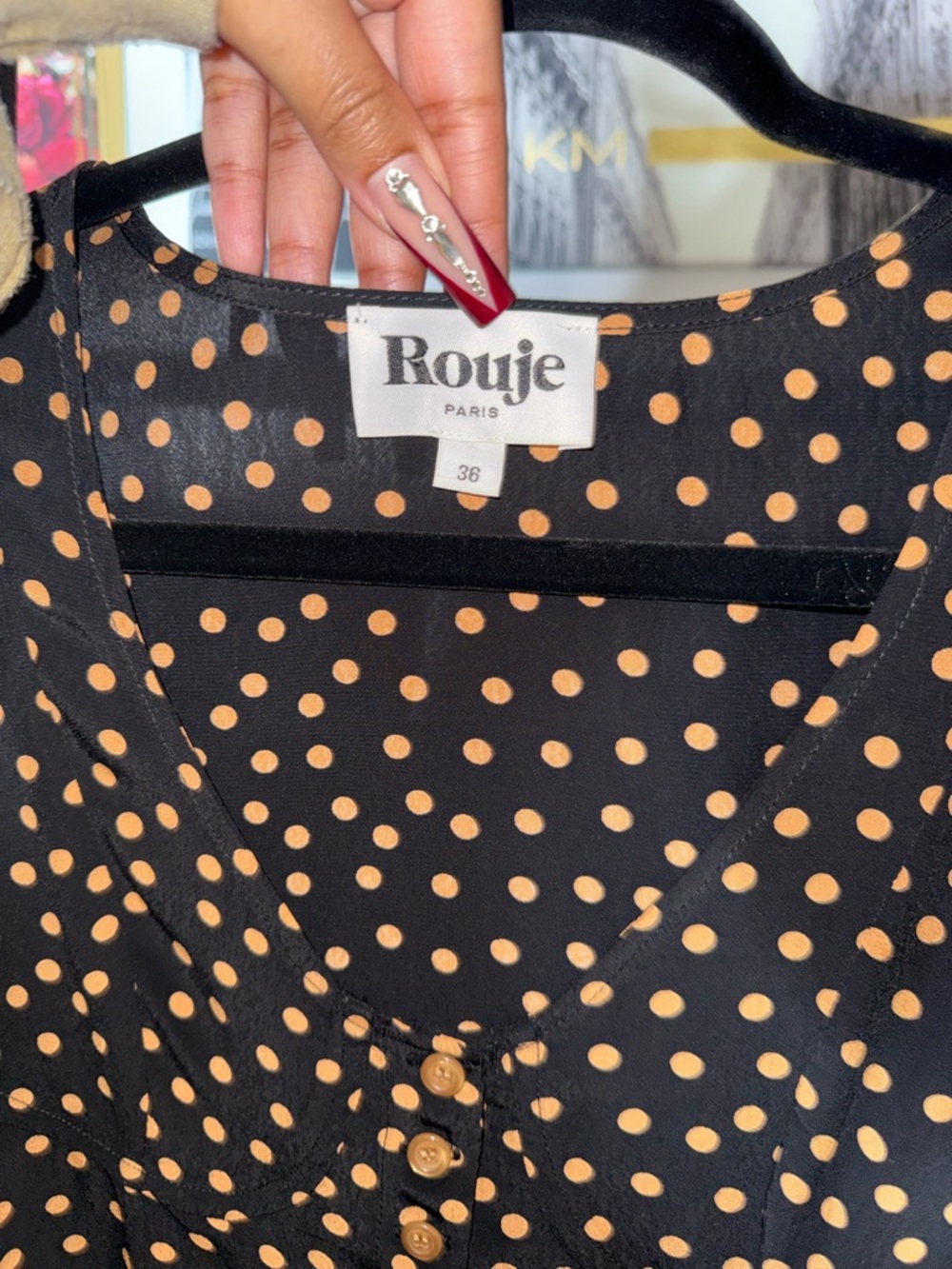 Rouje Ambroise Top Black Tan Polka Dot V Neck Button Front Blouse FR 36 US 4 EUC - Picture 4 of 7